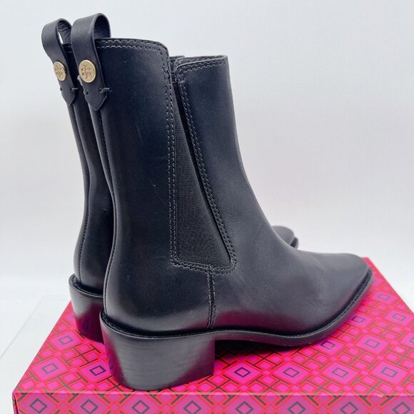 Tory Burch Medallion-Plaque 35mm Chelsea Ankle Boots Black Leather Pull On US 6 - Picture 6 of 13